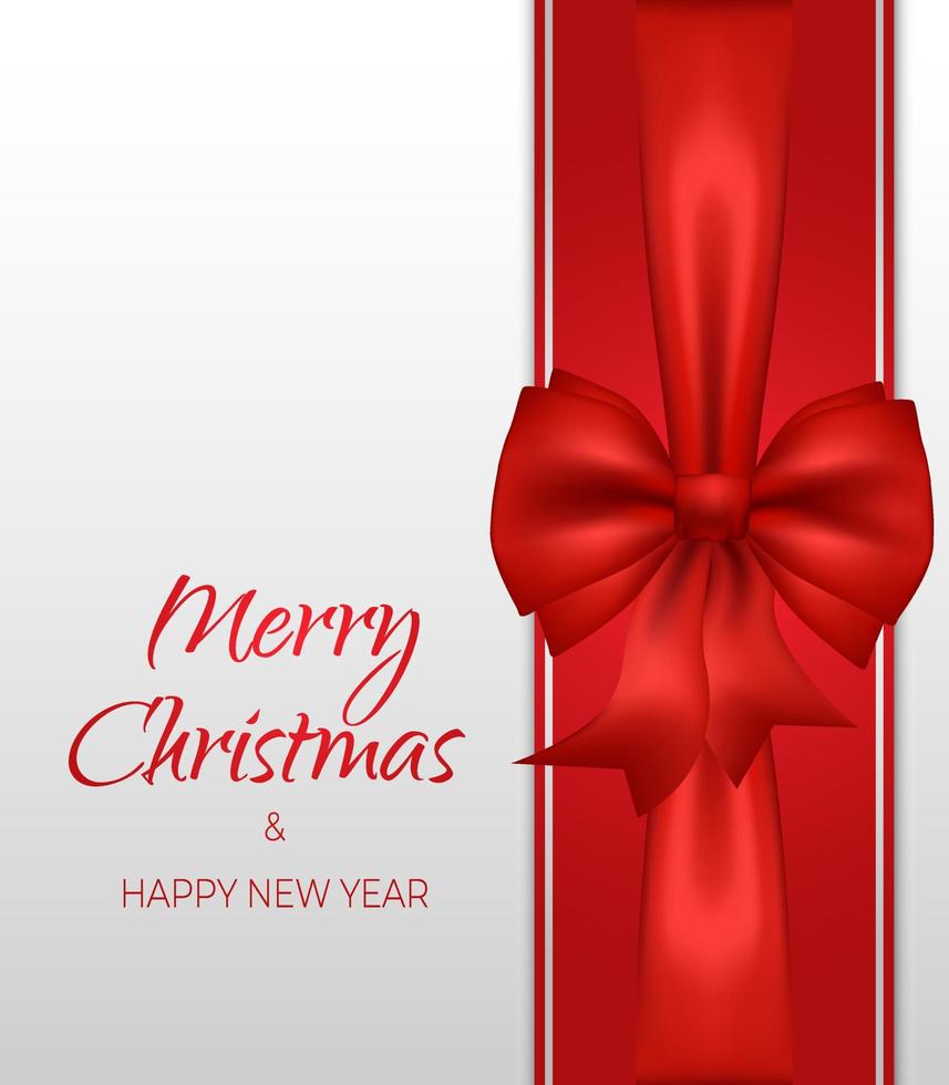 Merry Christmas and happy new year background banner. Vector  illustration  White backdrop voucher. Festive bow with ribbon, sale discount banner. Invitation flyer for party.