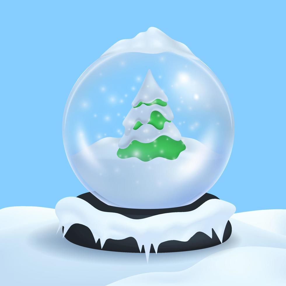 fondo de invierno feliz año nuevo. feliz bola de navidad con pino verde cubierto de nieve, en un paisaje nevado maqueta 3d realista. globo de cristal de las decoraciones de los días de fiesta. ilustración vectorial vector