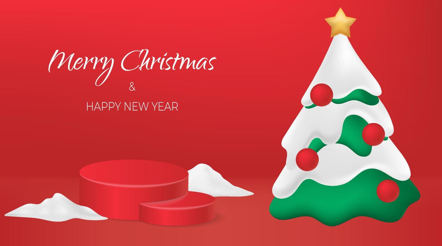 Red background Happy New Year. Green Christmas tree with star and balls strewn with snow on round cylinder studio podium, realistic 3d decorative mockup. Holidays decorations. Vector illustration