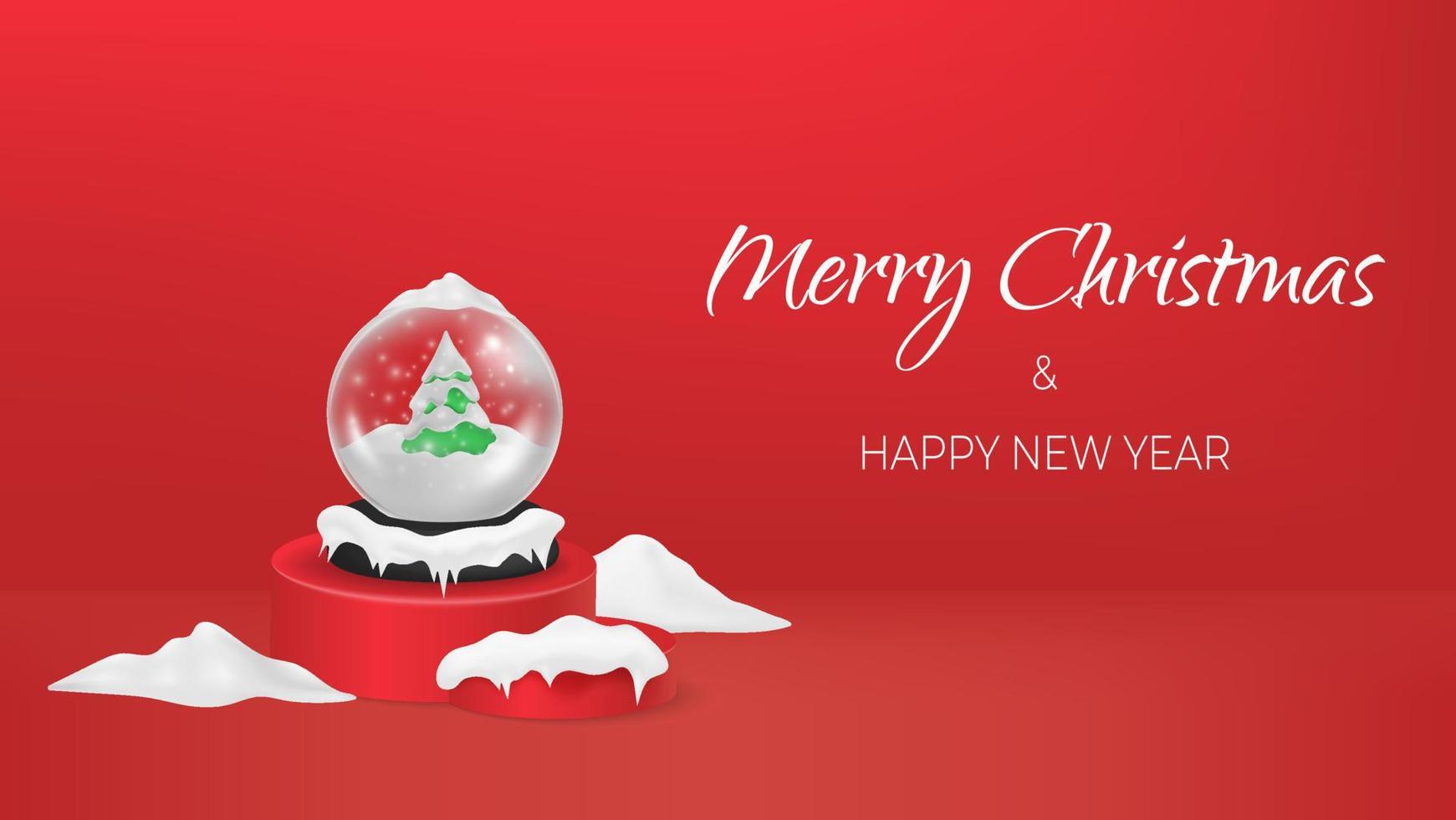 Red background Happy New Year. Merry Christmas ball with green pine tree covered snow, on round cylinder studio podium, realistic 3d mockup. Holidays decorations glass globe. Vector illustration