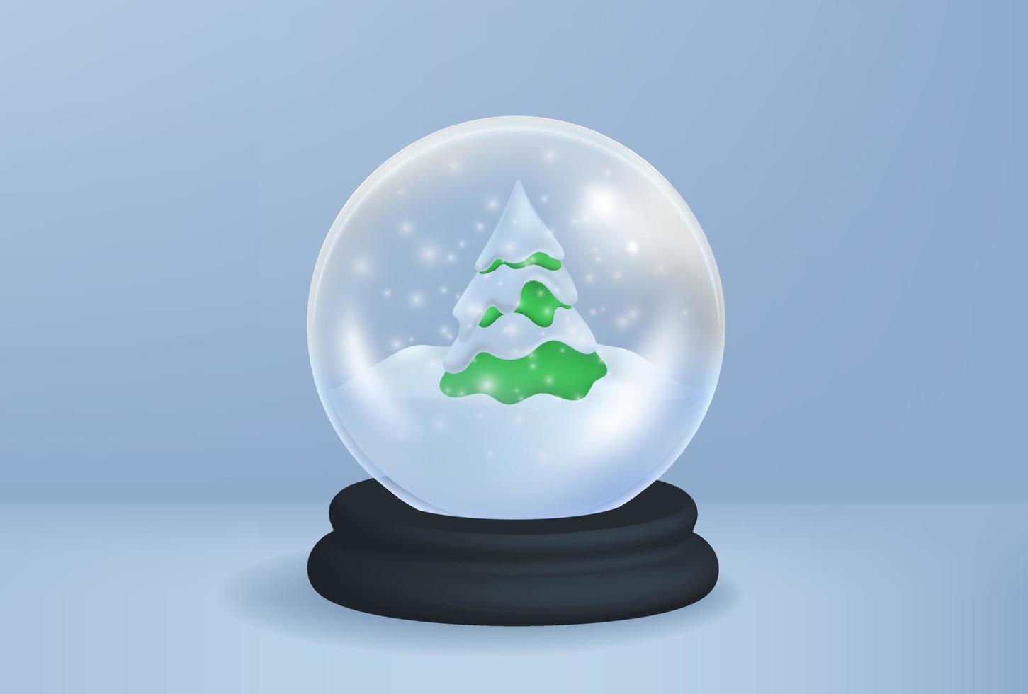 light blue background Happy New Year. Merry Christmas ball with green pine tree covered snow, on studio scene, realistic 3d mockup. Holidays decorations glass globe. Vector illustration