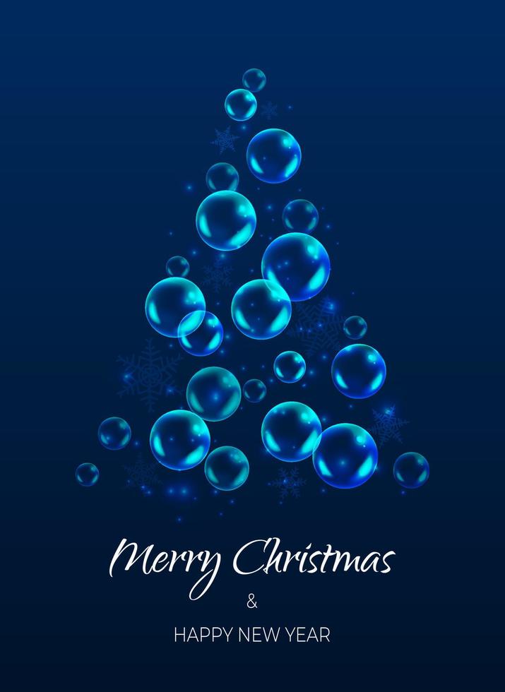 Snow in winter season, shiny glitter falling. Merry Christmas and happy new year background banner. Vector  magic illustration balls fizz in tree shape. Night blue sky with snowflakes, bubbles glow.
