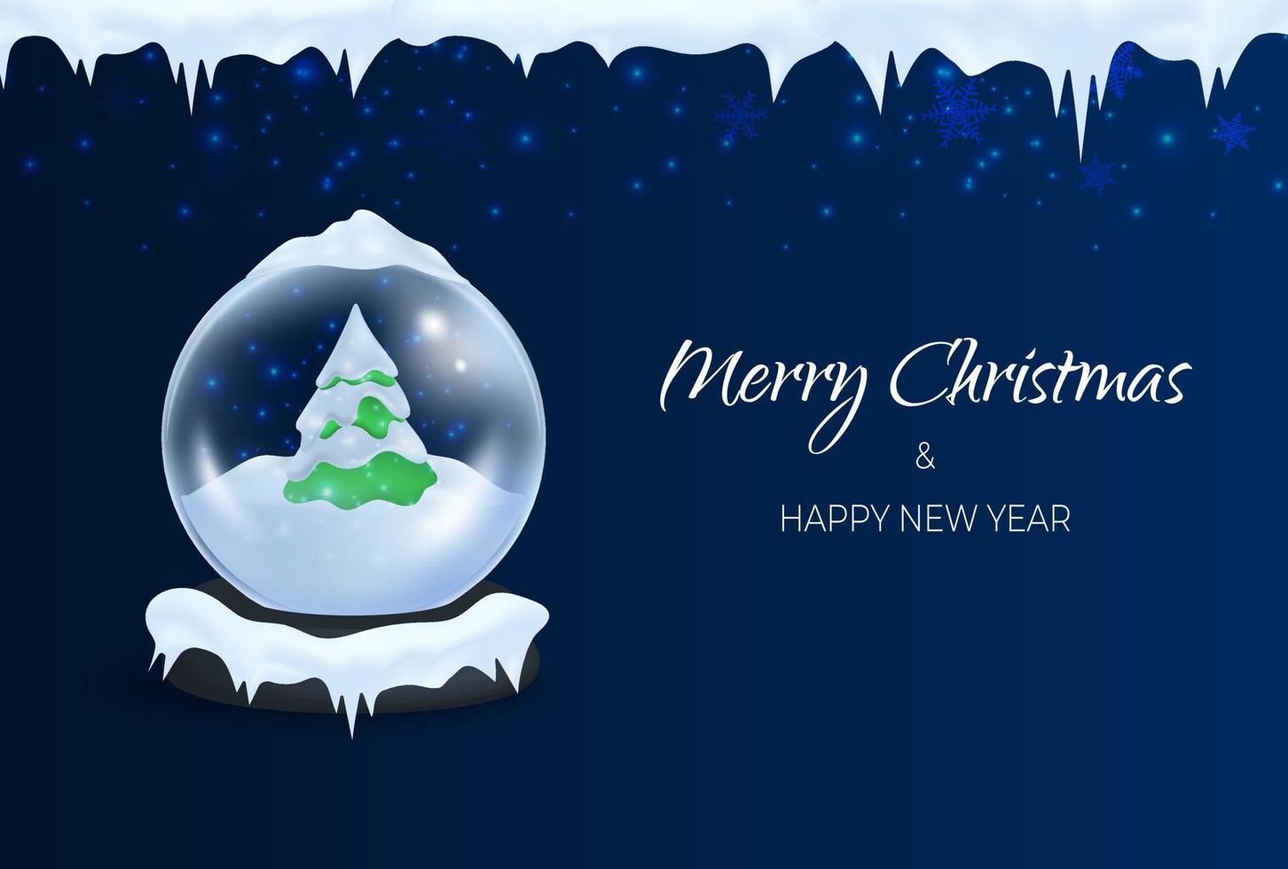 Christmas ball, glass sphere with tree Snow in winter season,  Merry Christmas and happy new year background banner. Vector illustration. Night blue sky with snowflakes glow, snowy scene with icicles.