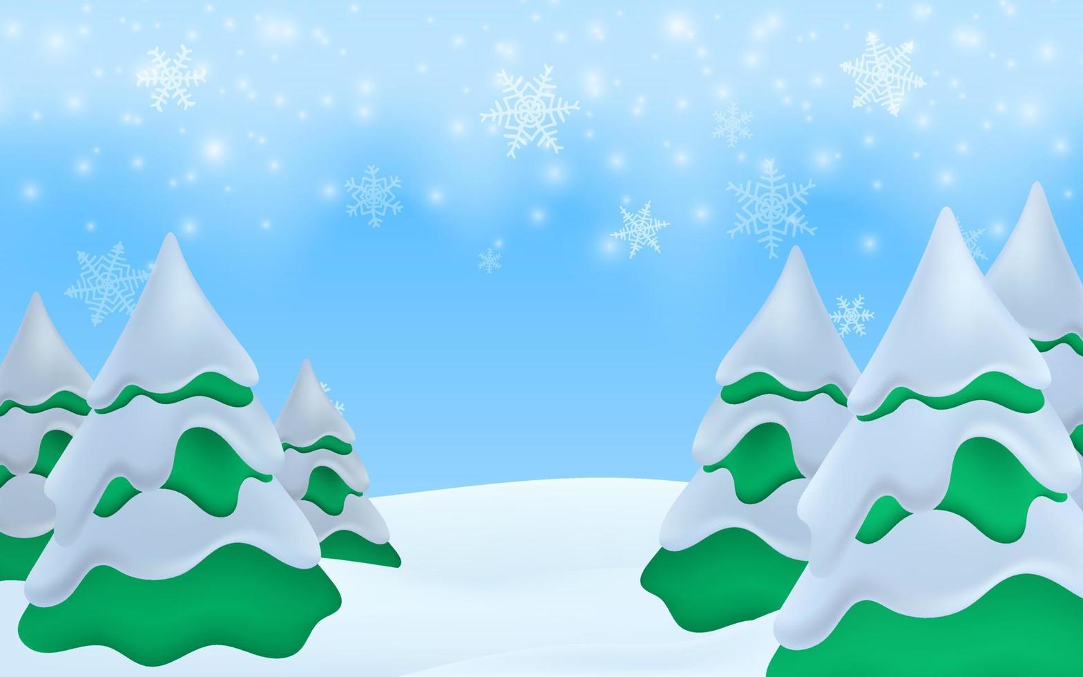 Winter season scene with snowstorm, snowflakes falling. Merry Christmas snow on meadow background. Vector 3d illustration. North pole. Winter valley landscape, blue sky. Pine Christmas tree forest.