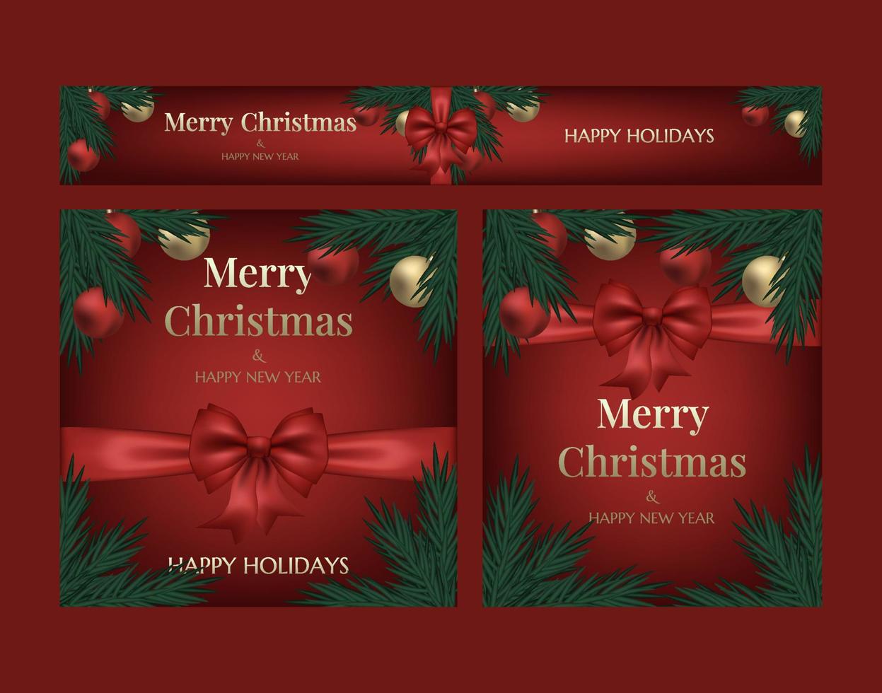 Set of three postcards Merry Christmas and Happy New Year. Christmas tree, glass gold balls and an elegant red bow with ribbons on a red background. Spruce, cedar, pine branch. Banner template. vector