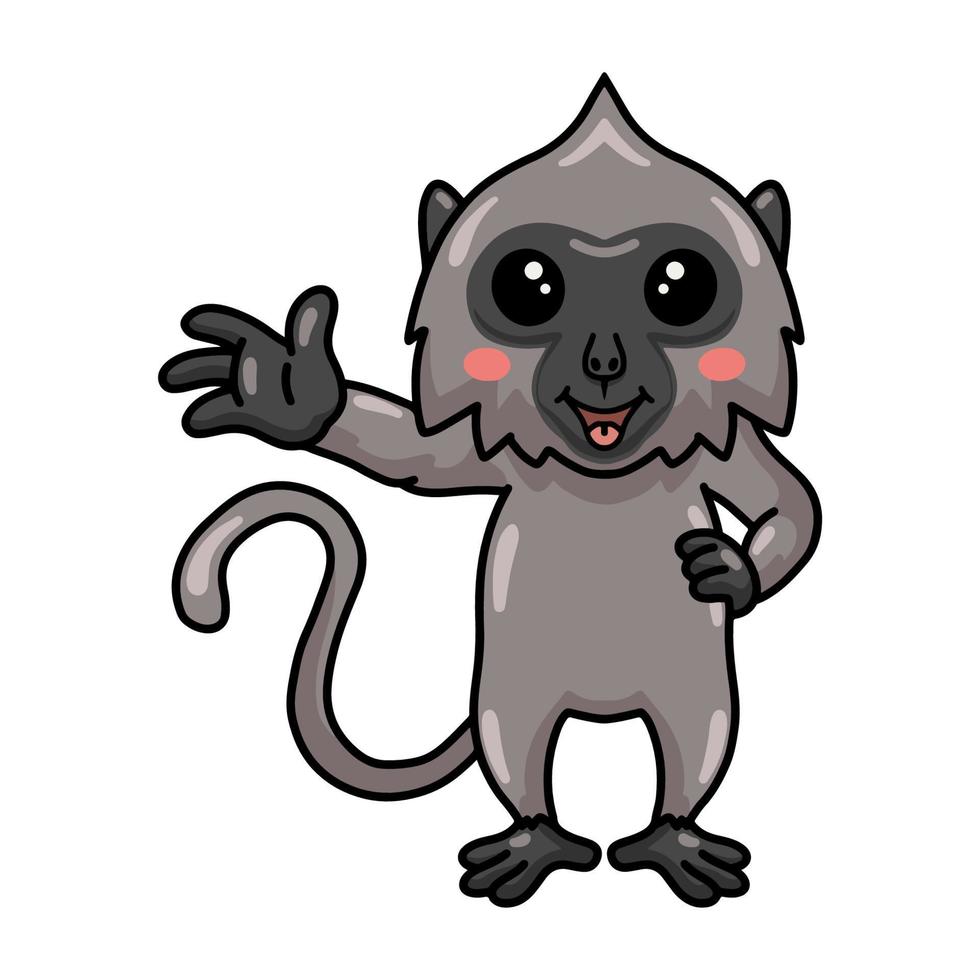 Cute little grey langur monkey cartoon waving hand vector