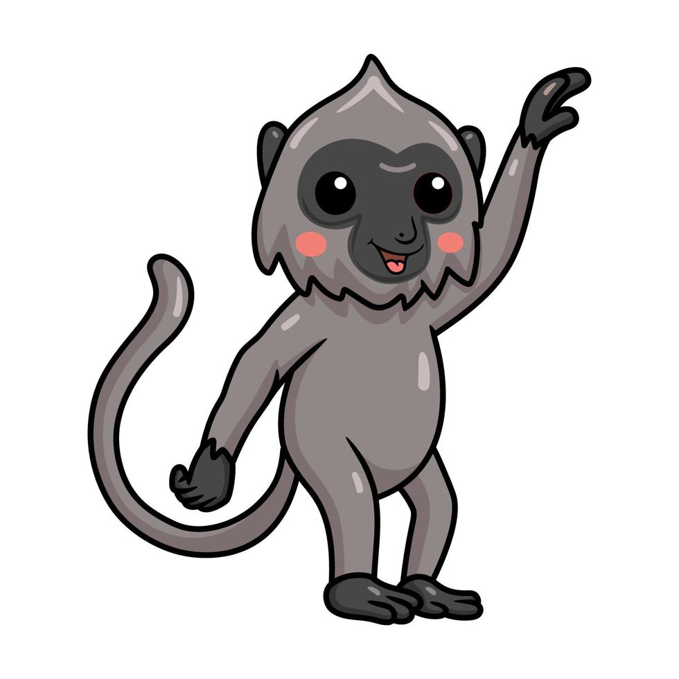 Cute little grey langur monkey cartoon waving hand vector