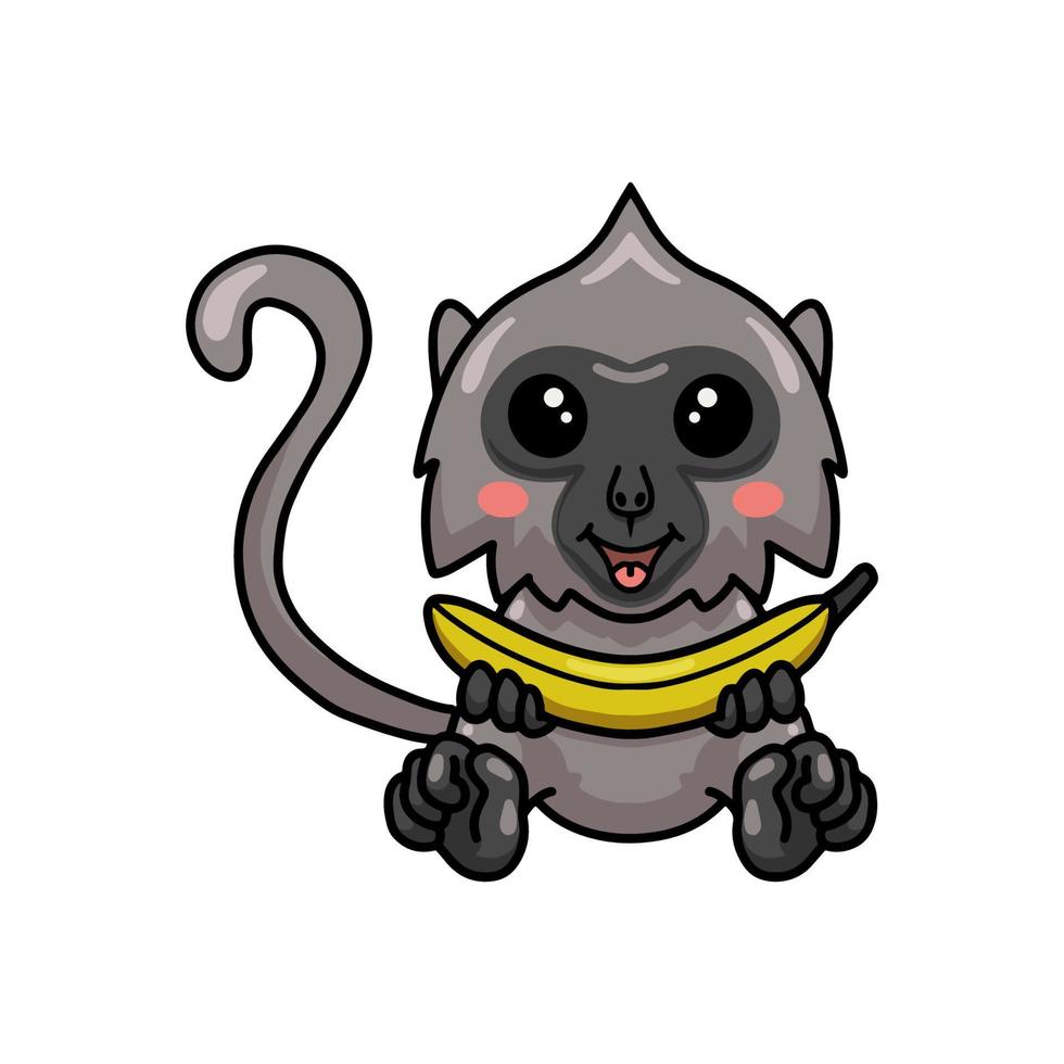 Cute little grey langur monkey cartoon holding banana vector