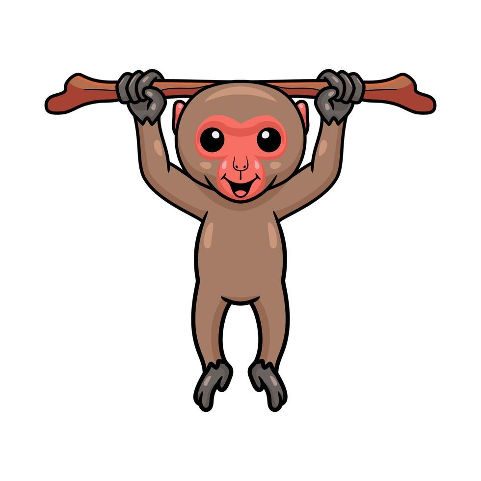 Cute little japanese macaque cartoon hanging on tree branch vector