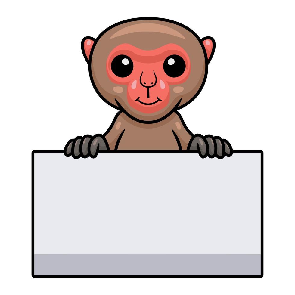 Cute little japanese macaque cartoon holding blank sign vector