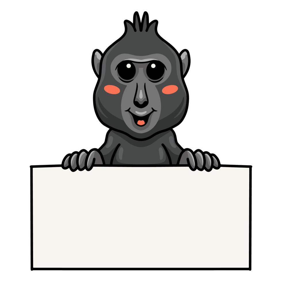 Cute little crested black macaque cartoon with blank sign vector