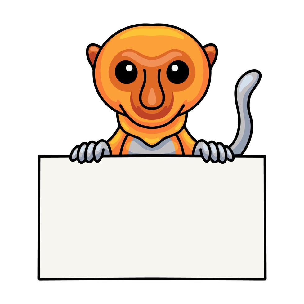 Cute little proboscis monkey cartoon holding blank sign vector