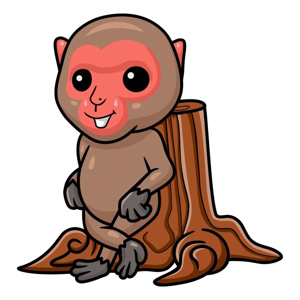 Cute little japanese macaque cartoon leaning in tree stump vector