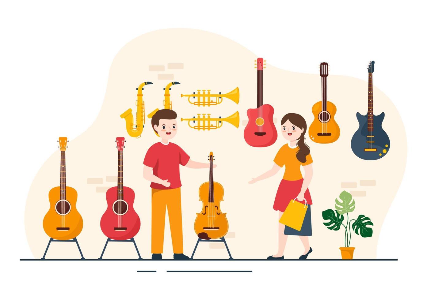 tienda de música con varios instrumentos musicales, cd, cintas de cassette y grabaciones de audio en ilustración de plantilla dibujada a mano de dibujos animados de estilo plano vector