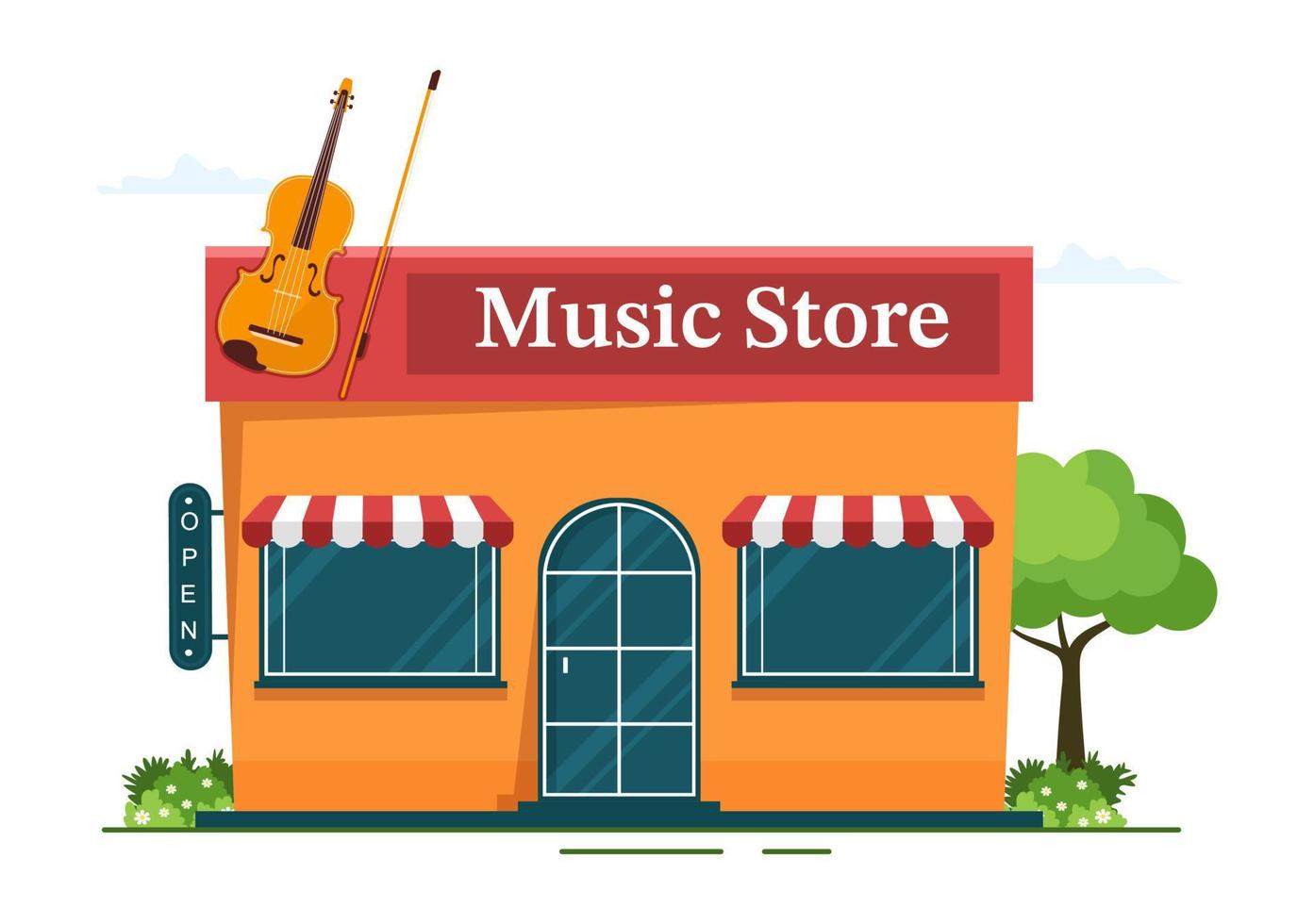 tienda de música con varios instrumentos musicales, cd, cintas de casete y grabaciones de audio en una ilustración de plantilla dibujada a mano de dibujos animados de estilo plano vector