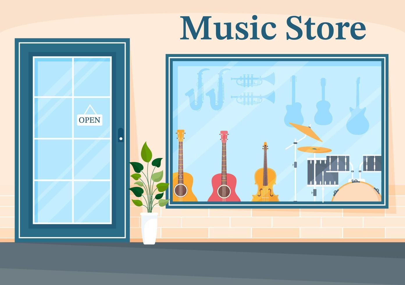 Music Store with Various Musical Instruments, CD, Cassette Tapes and Audio Recordings in Flat Style Cartoon Hand Drawn Template Illustration vector