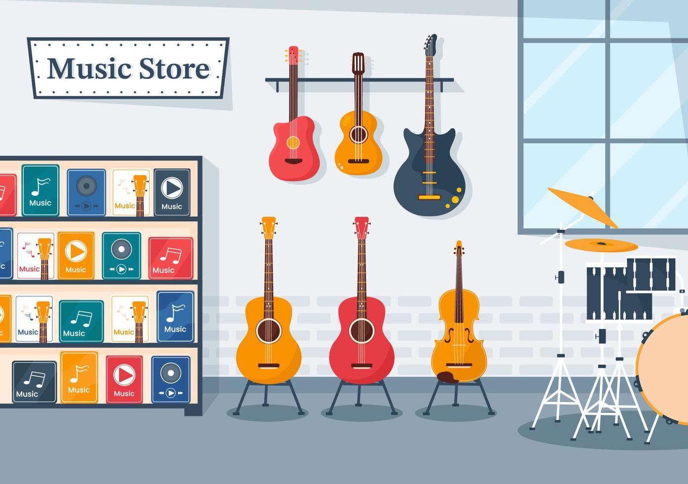 Music Store with Various Musical Instruments, CD, Cassette Tapes and Audio Recordings in Flat Style Cartoon Hand Drawn Template Illustration vector