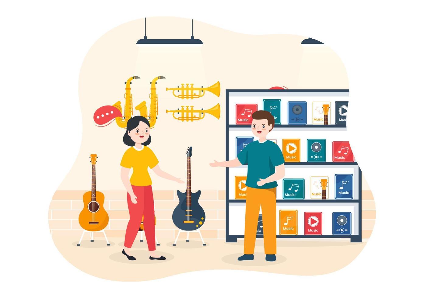 tienda de música con varios instrumentos musicales, cd, cintas de casete y grabaciones de audio en una ilustración de plantilla dibujada a mano de dibujos animados de estilo plano vector