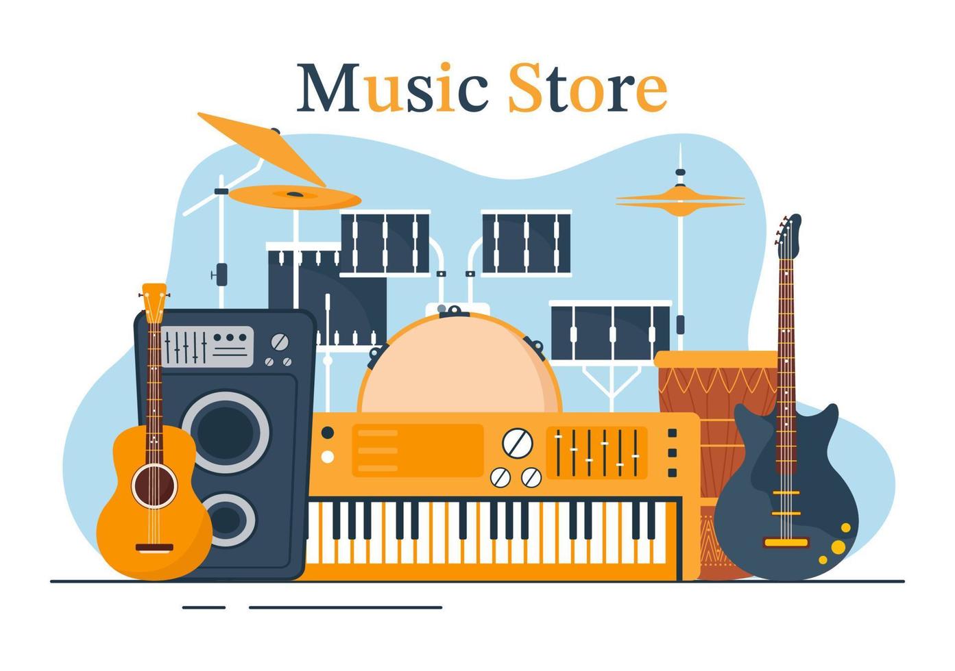 Music Store with Various Musical Instruments, CD, Cassette Tapes and Audio Recordings in Flat Style Cartoon Hand Drawn Template Illustration vector
