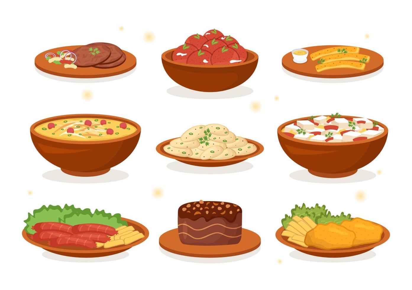 restaurante de comida alemana con una colección de deliciosa cocina tradicional y bebidas en dibujos animados planos dibujados a mano ilustración de plantillas vector