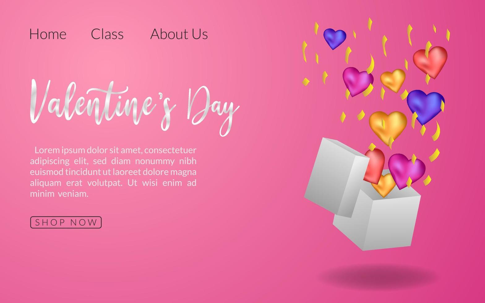 página de destino fondo rosa ilustración romántica, regalo de celebración de saludo decoración del día de san valentín aislado, saludo de corazón sorpresa vector