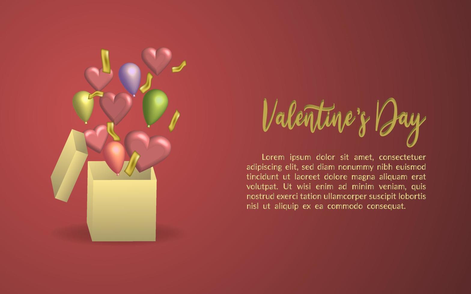 caja sorpresa amor globos feliz día de san valentín, plantilla ilustración sitio web fondo celebración aislado, saludo regalo feliz venta vector