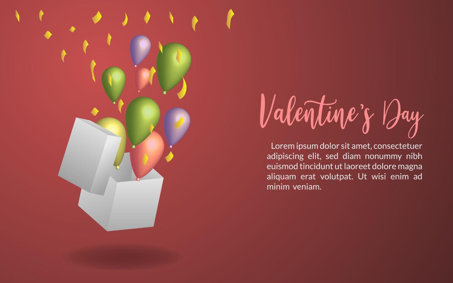 Balloons suprize landing page background valentine day greeting decoration gift, isolated sale romance design banner celebration vector