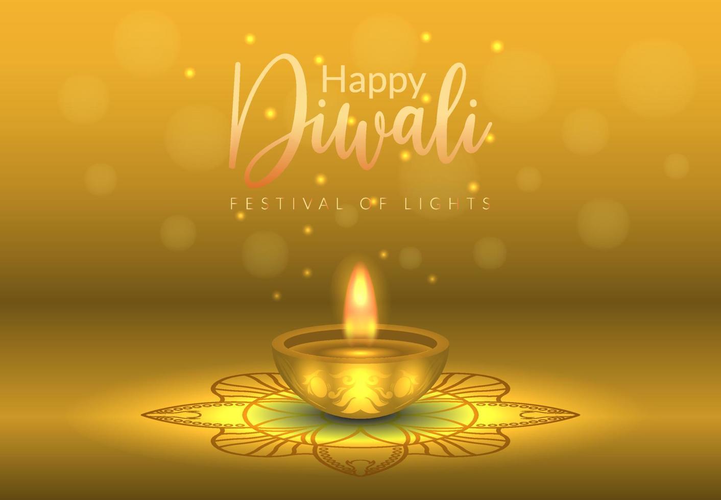 indio feliz diwali festival de la luz diya lámparas de religión hindú fondo de mandala de vacaciones vector