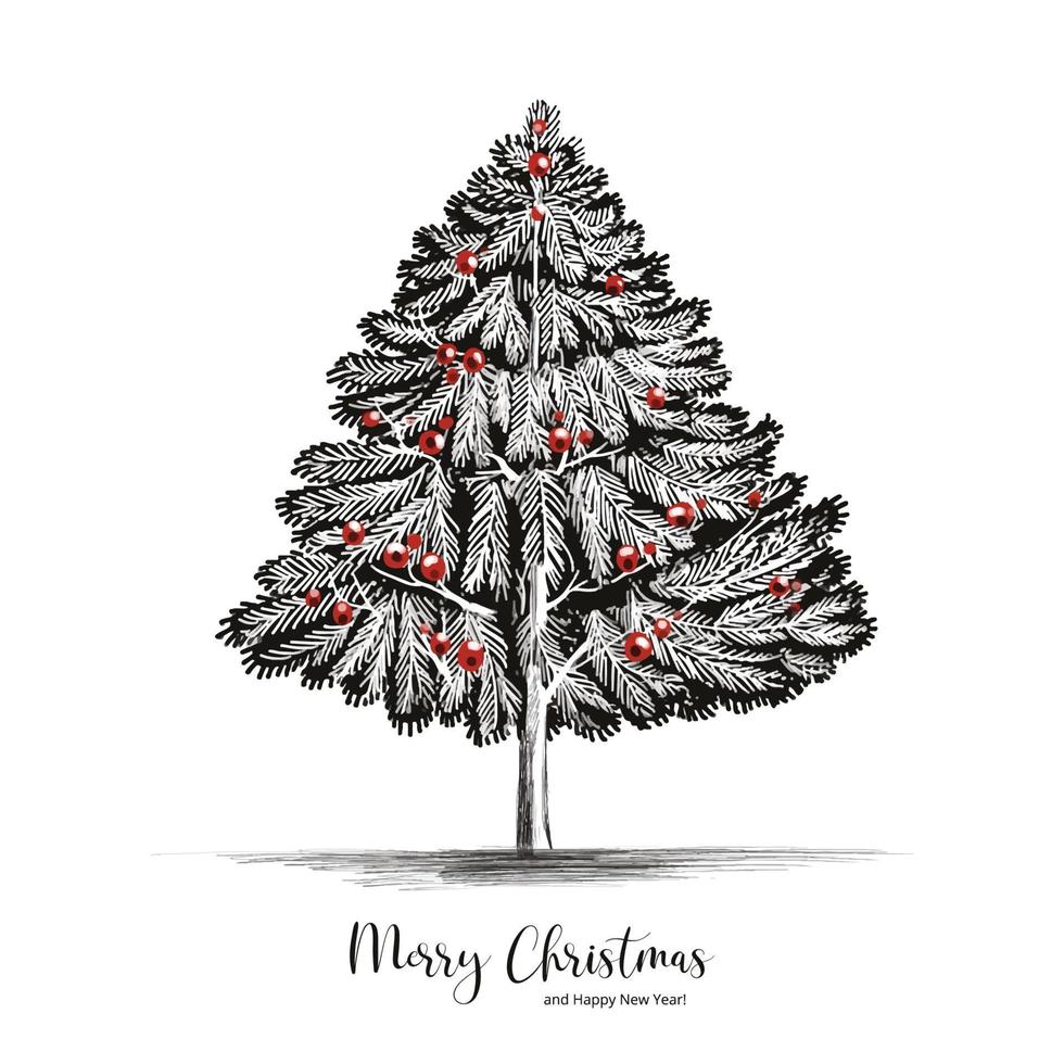 Fondo de tarjeta de celebración de árbol de Navidad de boceto de dibujo a mano decorativo vector