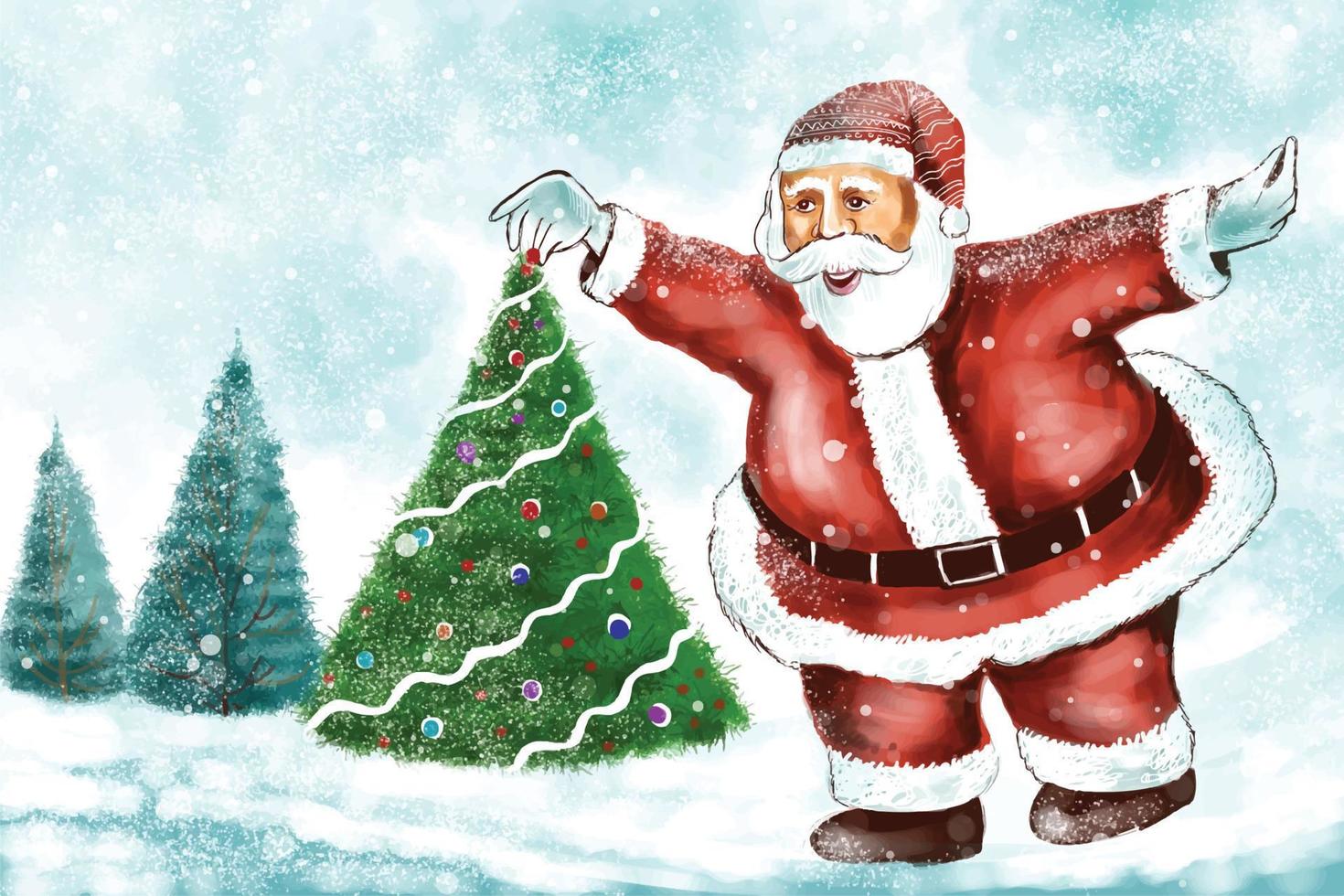 Merry christmas and happy new year greeting card with santa claus winter background vector