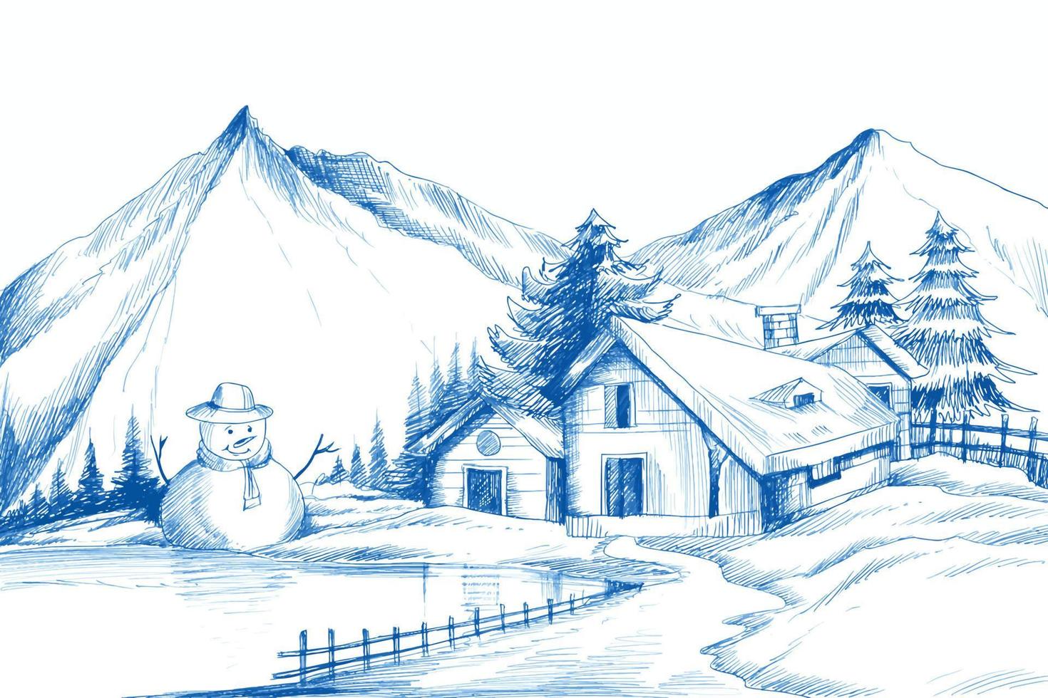 dibujar a mano paisajes de invierno de navidad de clima frío y escarcha fondo de boceto de árbol de navidad vector