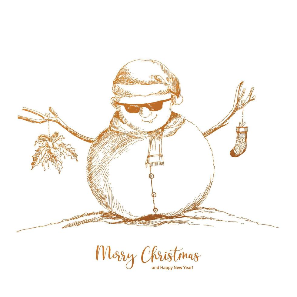 Hand draw cute cheerful snowmen sketch merry christmas card background vector