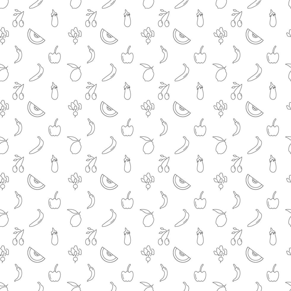 Vector seamless pattern of fruits and vegetables is made of line icons. Perfect for web sites, wraps, wallpapers, postcards