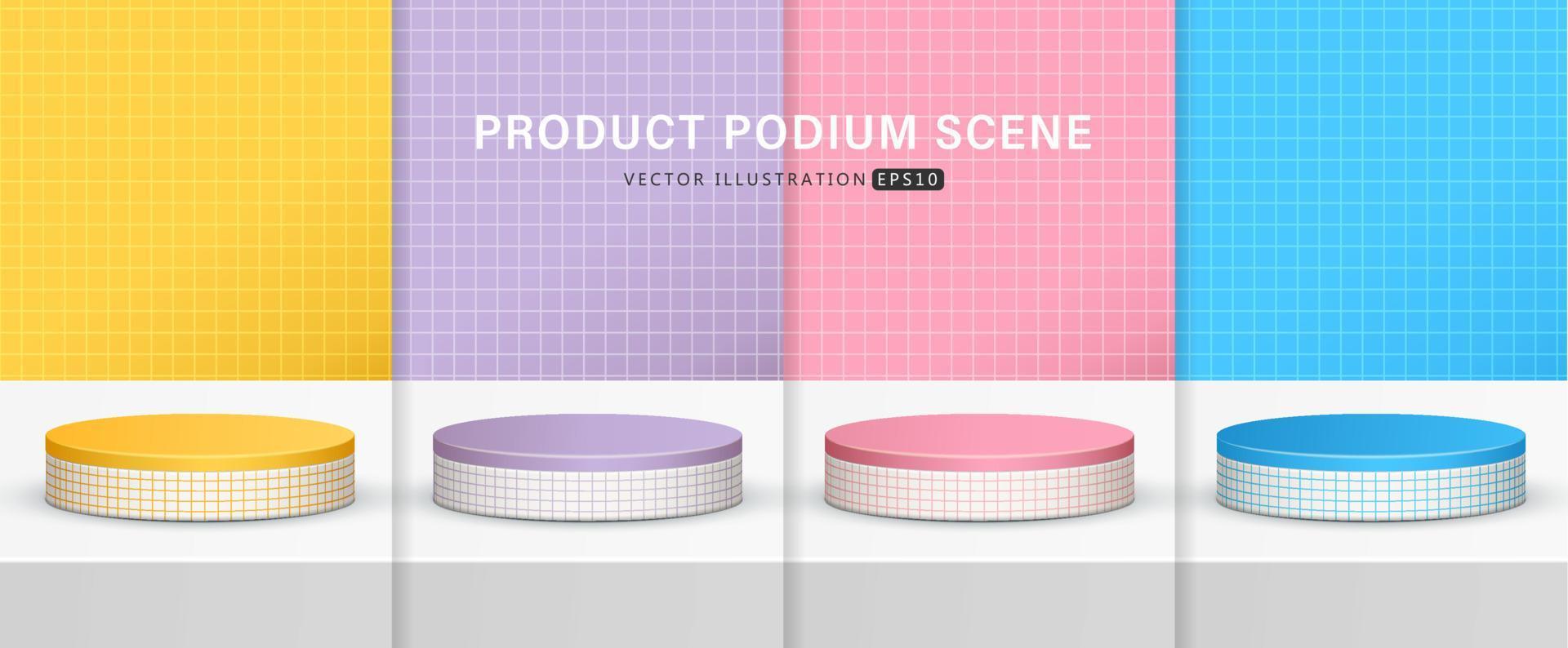 Set of realistic blue, pink, yellow and purple cylinder pedestal podium with checkered pattern in background for scene show product display. 3D vector