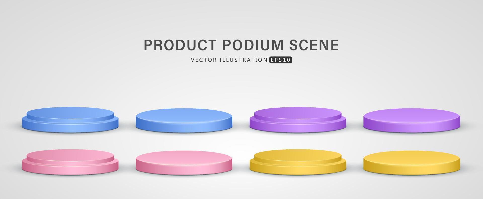 Set of realistic blue, pink, yellow and purple cylinder step pedestal podium shadow isolate in white background for scene show product display. 3D vector