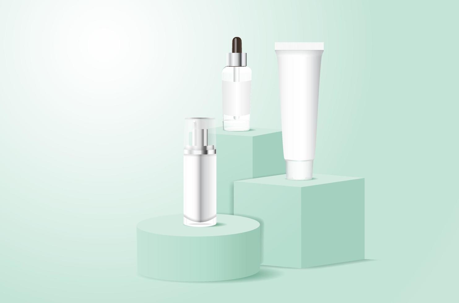 Vector cosmetic product mockups on geometric podiums for presentation of cosmetics