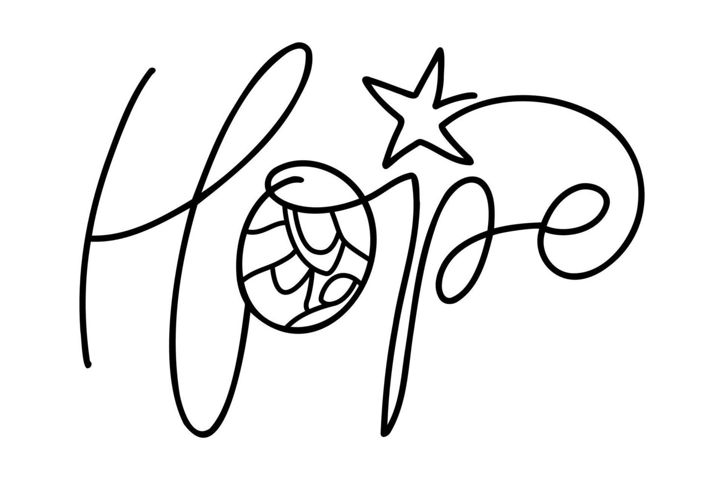 Hope monoline calligraphy text and Christmas Vector religious Nativity Scene of baby Jesus with Mary Joseph and star. Minimalist art line drawing, print for clothes and logo design
