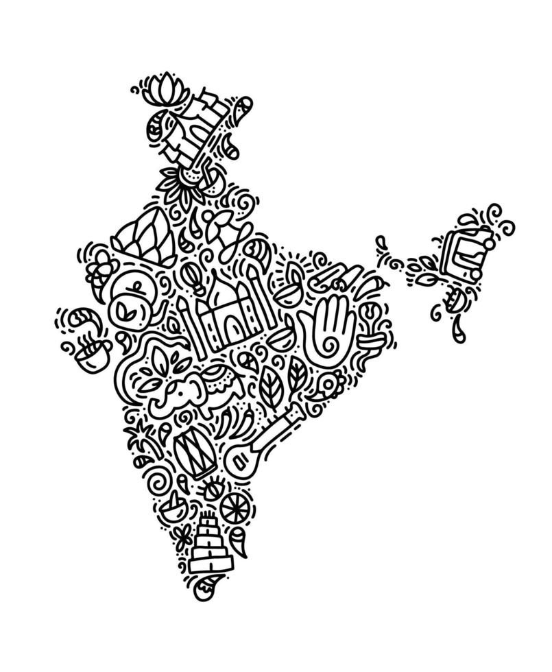 India map black calligraphy text and doodle elements Indian culture vector illustration design. Happy republic Day India independence celebrations with 26th January