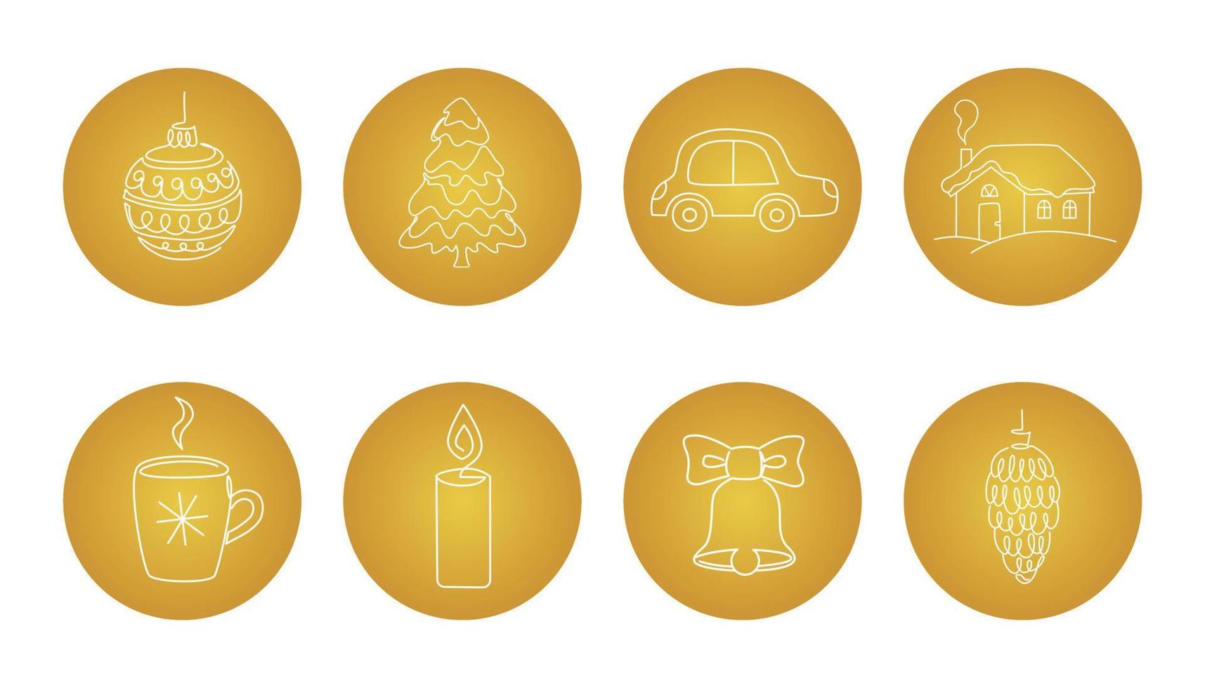 Christmas and New Year icons set. Traditional Symbols of Celebration and Holidays. Golden stickers. Outline hand drawn vector in minimalistic style