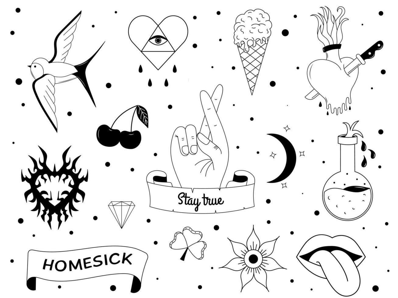 conjunto de tatuajes en y2k, estilo 1990, 2000. diseño de elementos emo goth con corazones en llamas, cuchillo, rosa, flor, fuego. tatuaje de la vieja escuela. ilustración vectorial vector