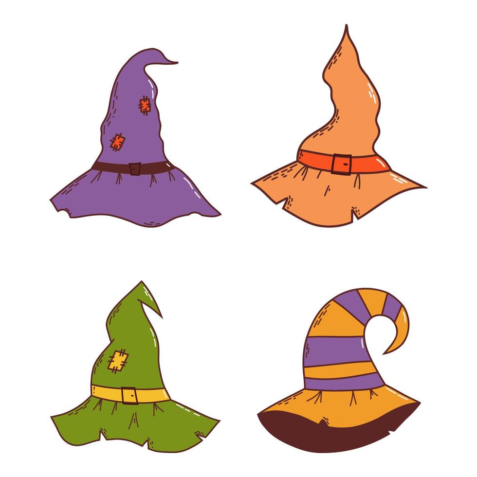 Set of witch hats. Halloween element. Trick or treat concept. Vector illustration in hand drawn style