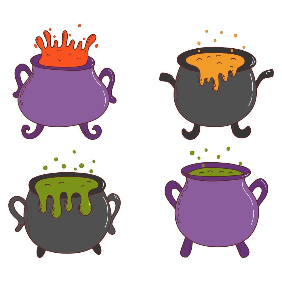 Set of halloween witches cauldrons with poison potion. Halloween elements. Trick or treat concept. Vector illustration in hand drawn style