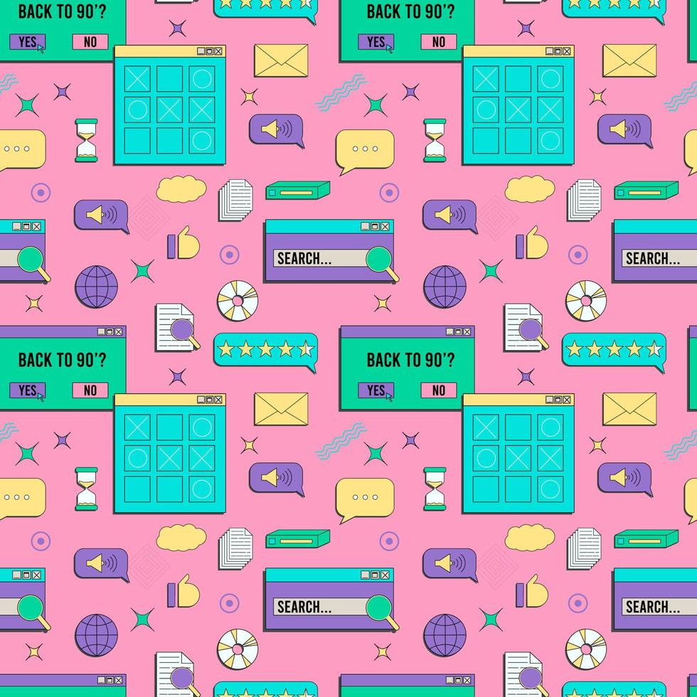 Vaporwave UI and UX elements seamless pattern. PC retro game frame. Nostalgic style 70s, 80s, 90s. vector