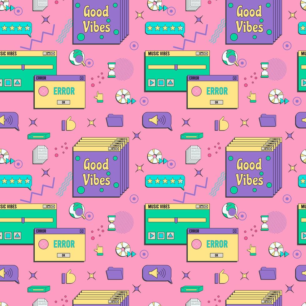 Vaporwave UI and UX elements seamless pattern. PC retro game frame. Nostalgic style 70s, 80s, 90s. vector