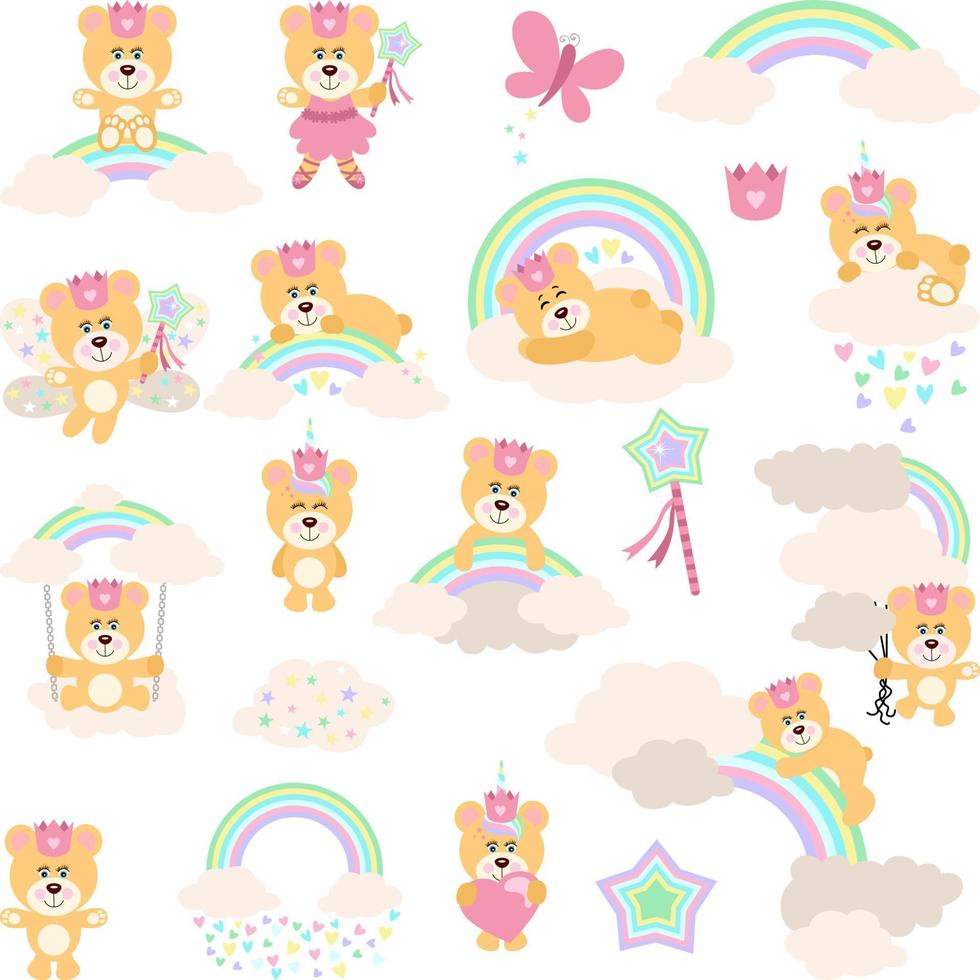 conjunto de elementos digitales de dulces sueños con princesa osito de peluche vector