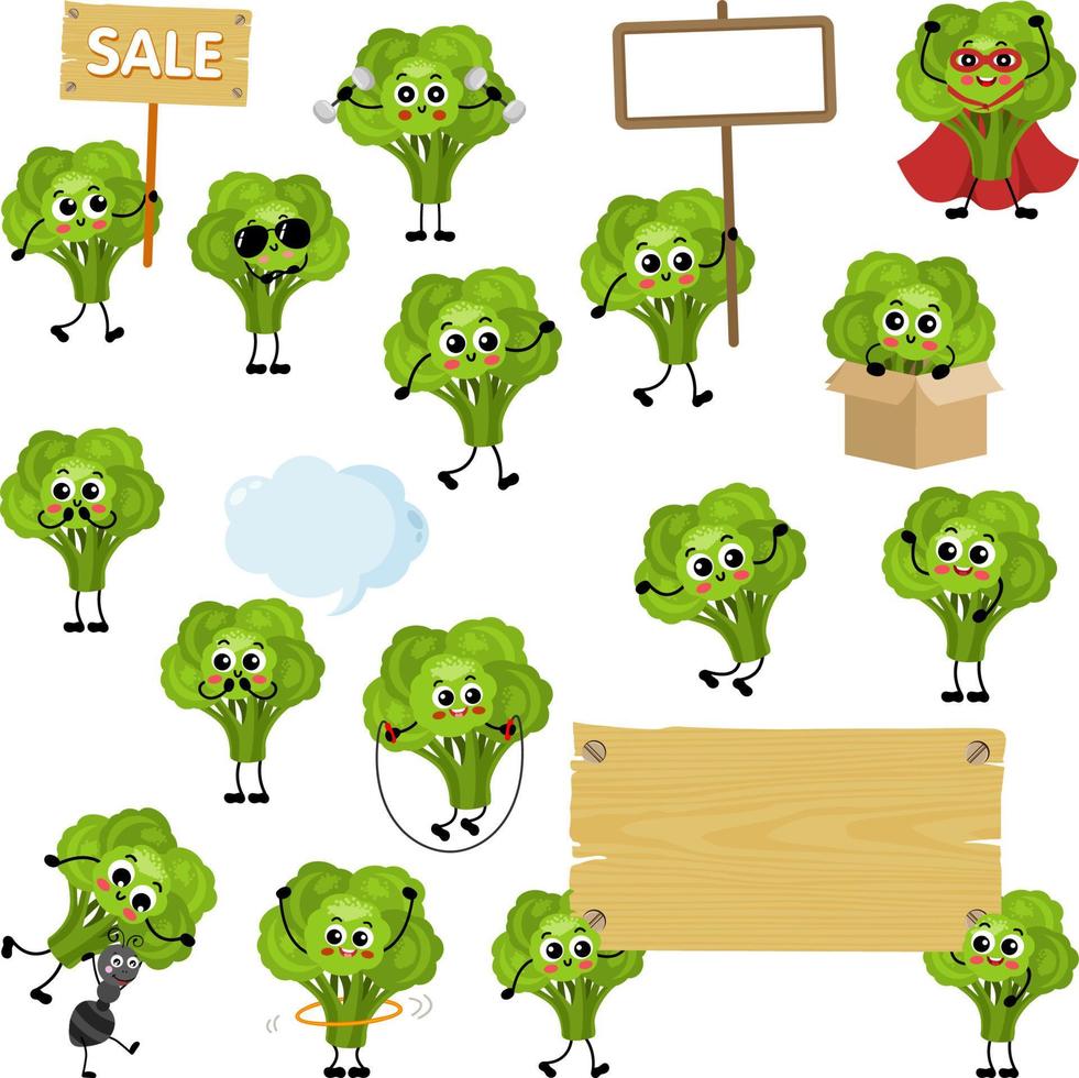 Set of digital elements with cute green broccolis mascot vector