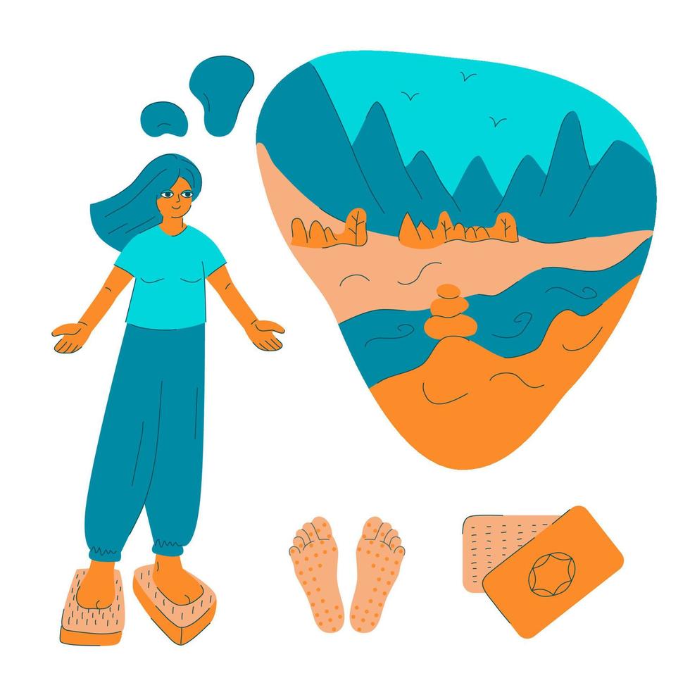 Sadhu boards hobby. Girl stand on nails bed visualizes mountain landscape. Wooden board for yoga practice. Meditation and relaxation. Yoga desk. Alternative medicine and treatment vector illustration