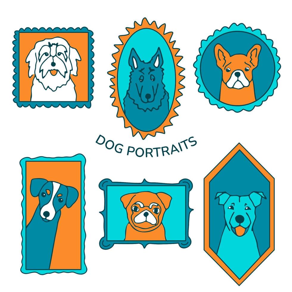 Doodle dog portraits set. Cute outline muzzles in vintage frames collection. Different dog breeds in simple borders. Hand drawn ink sketch. Vector illustration.