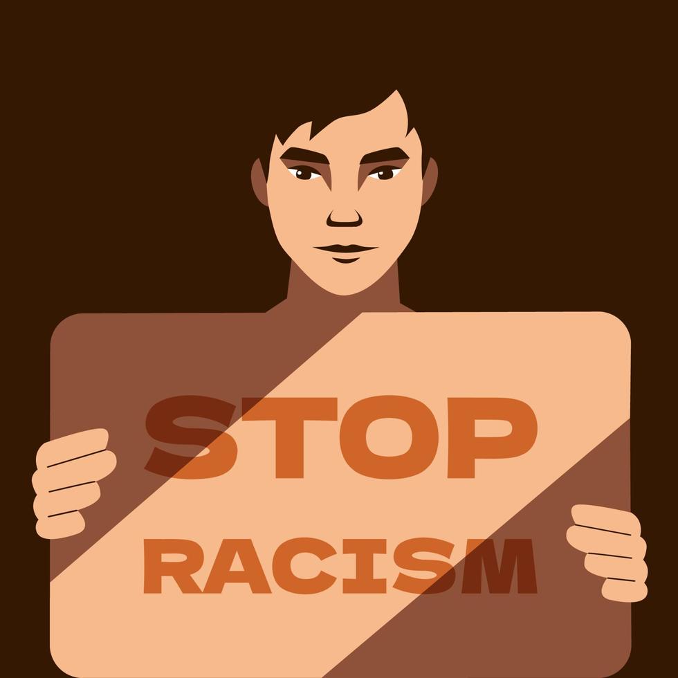 el hombre asiático protesta contra el racismo. chico con cartel de detener el racismo. acoso basado en el color de la piel o la actitud hacia el concepto de propagación del virus covid. ilustración vectorial vector