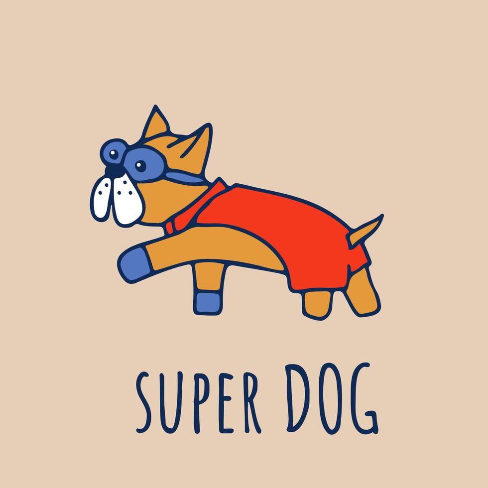 Super pet funny card. Cute strong dog wearing superhero blue mask and red cloak. Super dog script. Comic drawing of little dog of great power. Motivational and inspirational vector illustration.